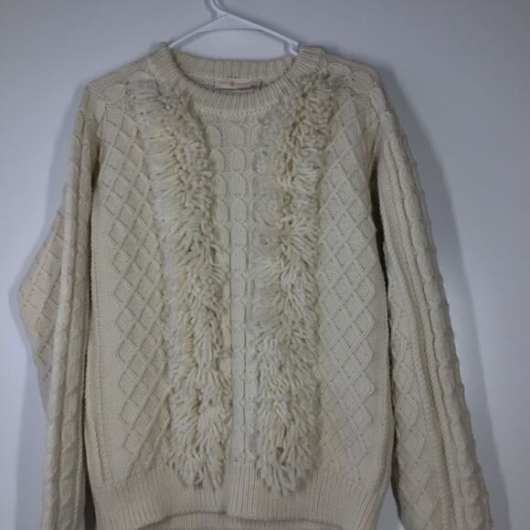 Tory Burch Cream Ivory Cable Knit Wool Fringe Pullover Sweater Women’s Size M - Picture 5 of 16